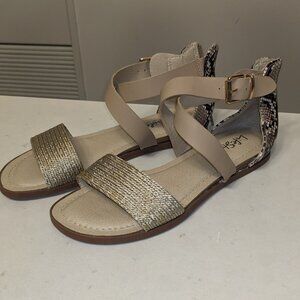 LifeStride "Soft System" Gold, Beige, Snakeskin Print Ankle Strap Flat Sandals
